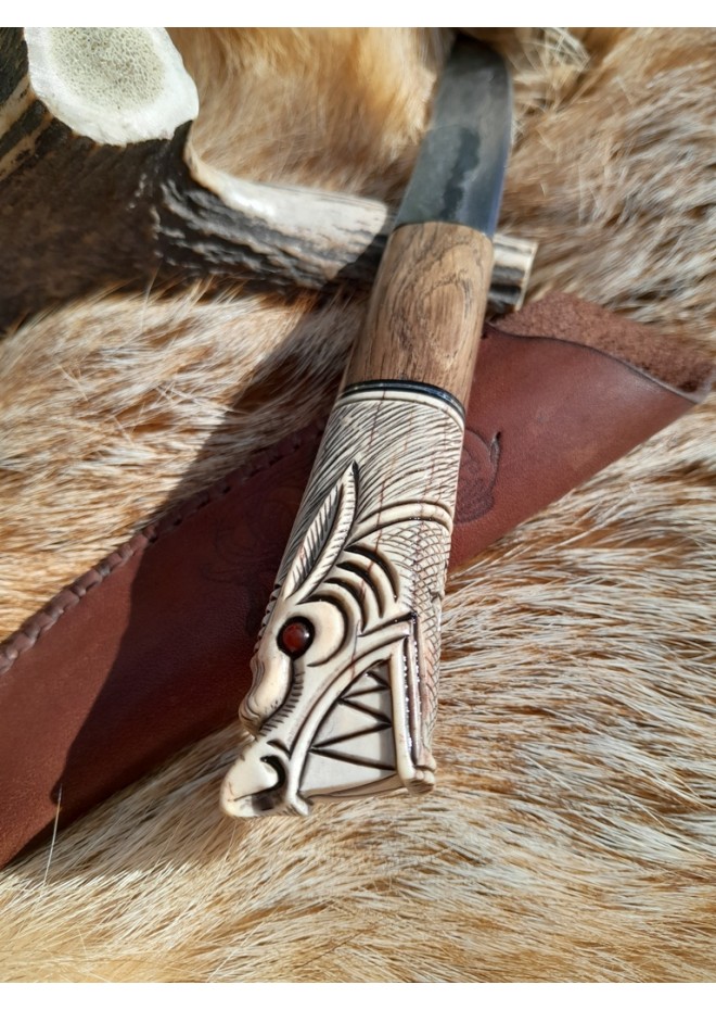  Vikings rune knife "Wolf" with leather sheath. Antler and wood hand-carved handle. Fenrir.