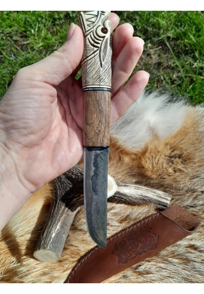 Handmade Vikings rune knife "Wolf" with leather sheath. Antler and wood hand-carved handle. Hand-forged Damascus steel blade