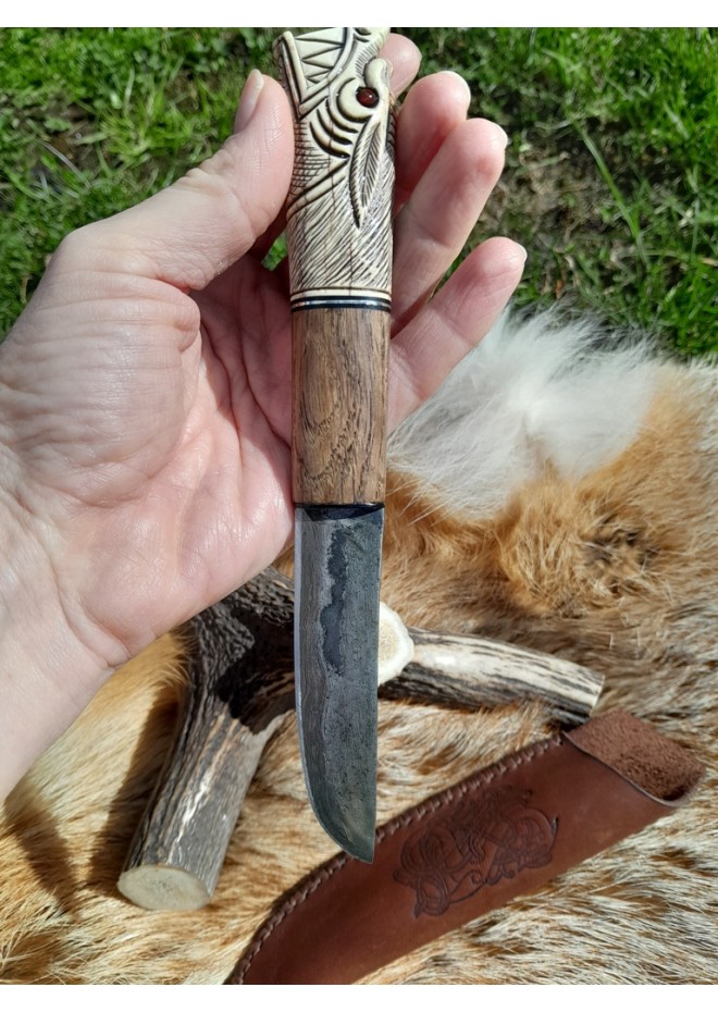  Vikings rune knife "Wolf" with leather sheath. Antler and wood hand-carved handle. Fenrir.
