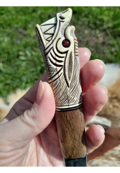 Handmade Vikings rune knife "Wolf" with leather sheath. Antler and wood hand-carved handle. Hand-forged Damascus steel blade