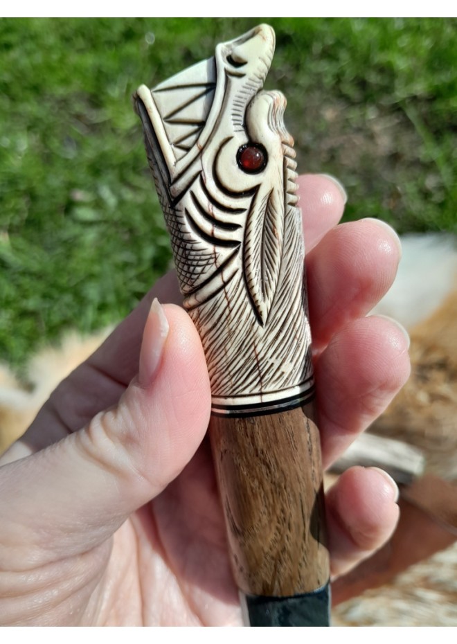  Vikings rune knife "Wolf" with leather sheath. Antler and wood hand-carved handle. Fenrir.