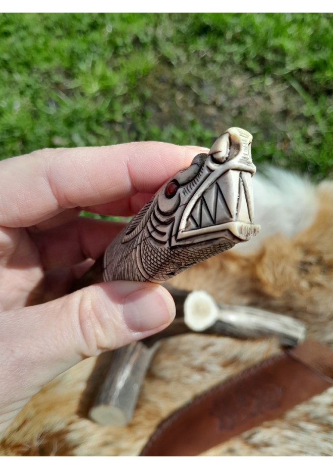  Vikings rune knife "Wolf" with leather sheath. Antler and wood hand-carved handle. Fenrir.