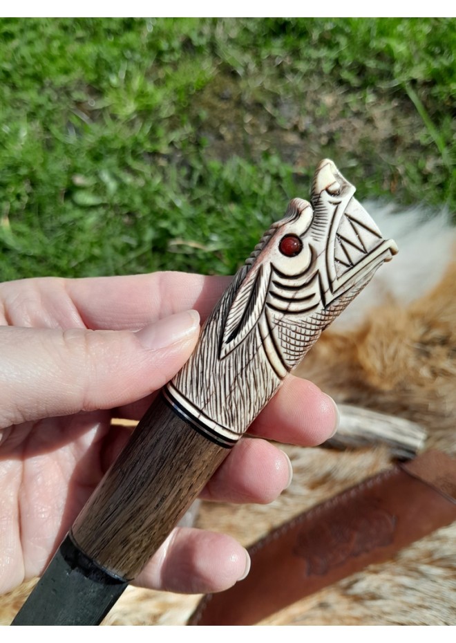  Vikings rune knife "Wolf" with leather sheath. Antler and wood hand-carved handle. Fenrir.