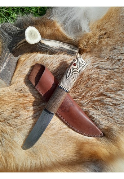 Handmade Vikings rune knife "Wolf" with leather sheath. Antler and wood hand-carved handle. Hand-forged Damascus steel blade