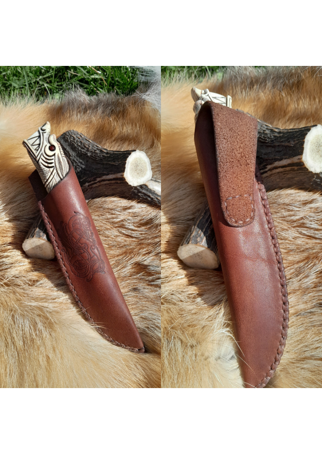  Vikings rune knife "Wolf" with leather sheath. Antler and wood hand-carved handle. Fenrir.