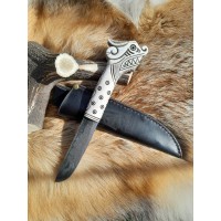 Handmade Vikings knife "Fenrir" with leather sheath. Antler hand-carved handle. Wolf head knife. Hand-forged Damascus steel blade.