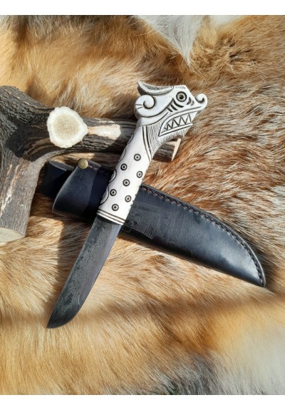Handmade Vikings knife "Fenrir" with leather sheath. Antler hand-carved handle. Wolf head knife. Hand-forged Damascus steel blade.