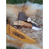 Unique Norse Wolf knife with leather sheath. Antler hand-carved handle. Sharp hand-forged Carbon Steel.