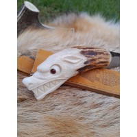 Unique Norse Wolf knife with leather sheath. Antler hand-carved handle. Sharp hand-forged Carbon Steel.