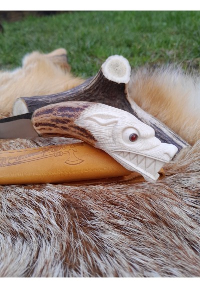Unique Norse Wolf knife with leather sheath. Antler hand-carved handle. Sharp hand-forged Carbon Steel.