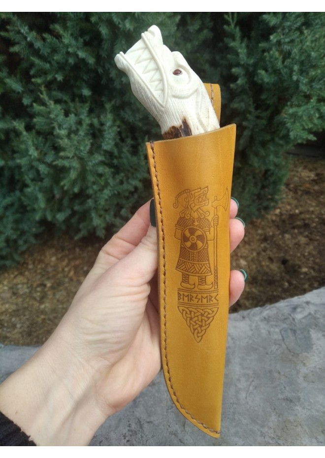 Hand Forged Viking hunting knife "Wolf" with leather sheath. Moose antlers hand-carved handle. 