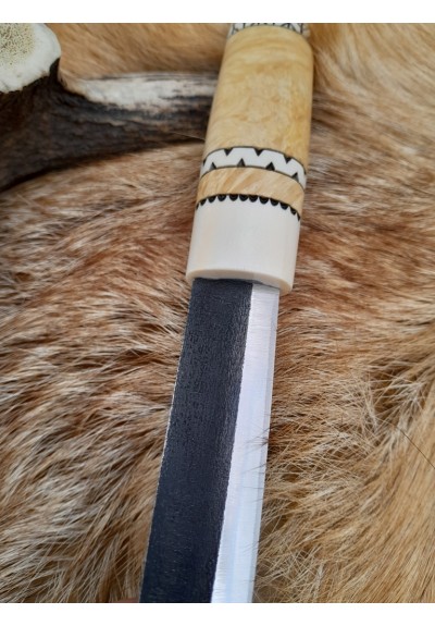 Exquisite handcrafted Finnish traditional knife "Puukko". Hand-forged carbon steel blade. Antler and wood handle. Leather sheath