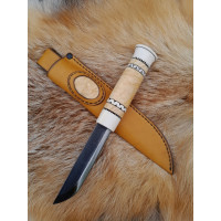 Exquisite handcrafted Finnish traditional knife "Puukko". Hand-forged carbon steel blade. Antler and wood handle. Leather sheath