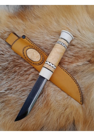 Exquisite handcrafted Finnish traditional knife "Puukko". Hand-forged carbon steel blade. Antler and wood handle. Leather sheath