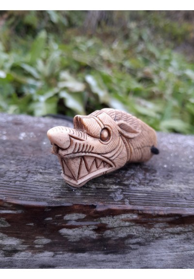 Massive Wolf amulet. Fenrir. Viking jewelry with Fehy rune. Hand-carved