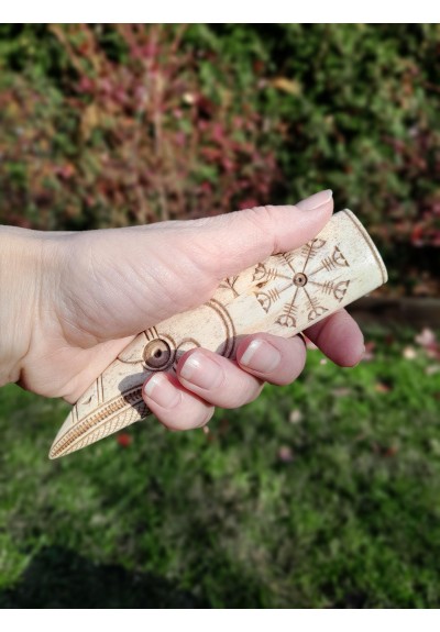 Viking Raven - knife handle. Odins Raven head with Aegishjalmur symbol or Helm of Awe and Algiz. Hand carving