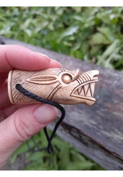 Viking Wolf amulet. Fenrir. Berserker necklace with Odal rune. Hand-carved