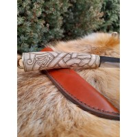 Beautiful hand-forged Viking knife with leather sheath and hand-carved handle. Dragon knotwork. Norse, Nordic design. Celtic art style.