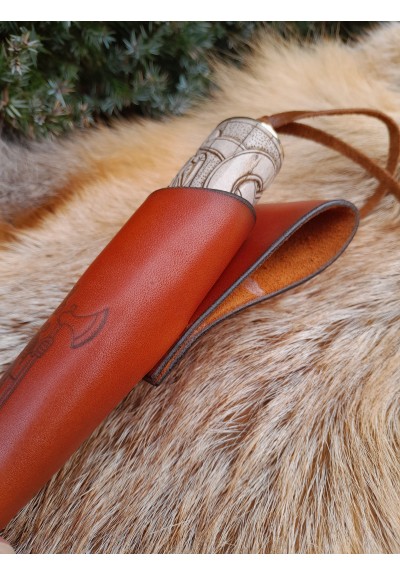 Beautiful hand-forged Viking knife with leather sheath and hand-carved handle. Dragon knotwork. Norse, Nordic design. Celtic art style.