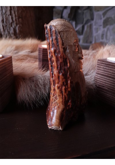 Old Norse God. Odin statue. Moose antlers hand-carved