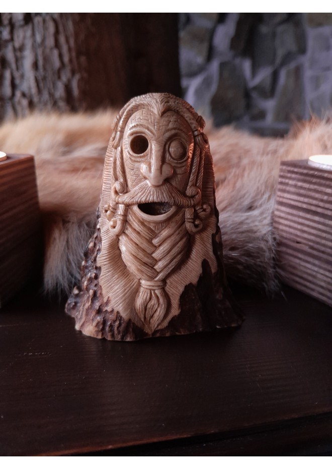Old Norse God. Odin statue. Moose antlers hand-carved