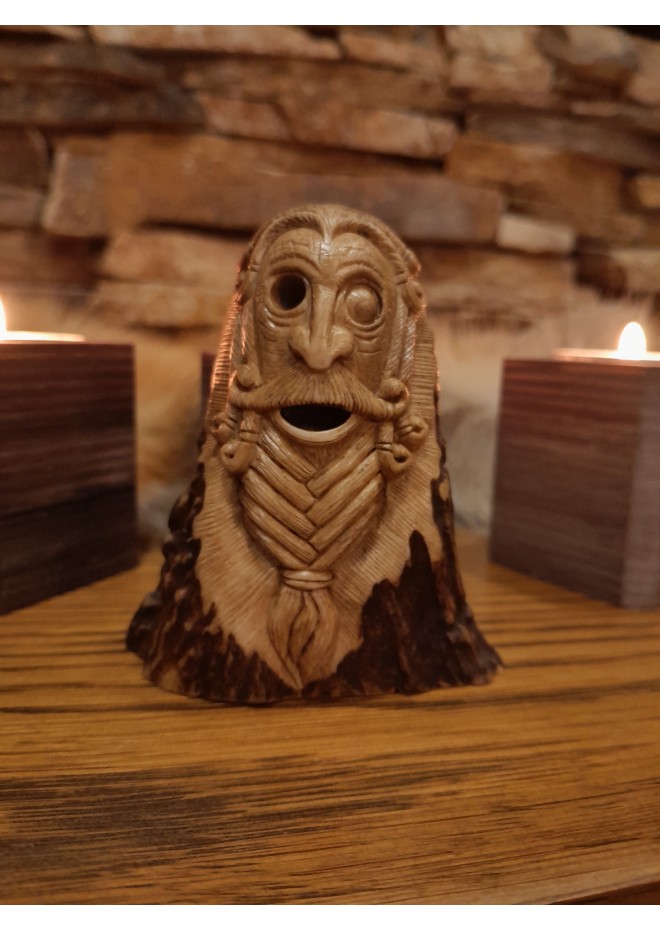 Old Norse God. Odin statue. Moose antlers hand-carved