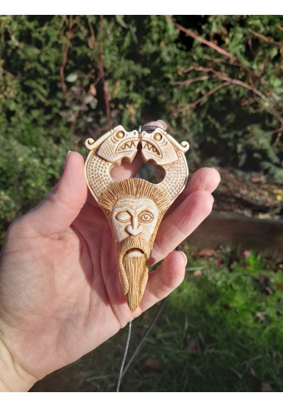 Unique hand carved Viking God Odin face pendant with dragons, Óðinn amulet, Scandinavian artwork. Norse Warrior Pendant