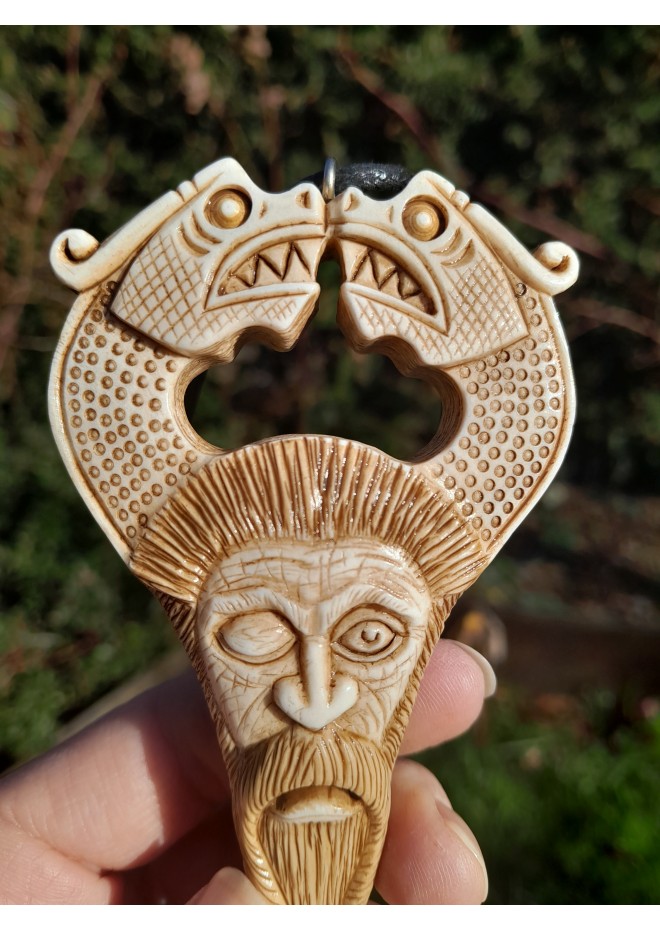 Unique Allfather God Odin pendant . Moose antlers hand-carved 