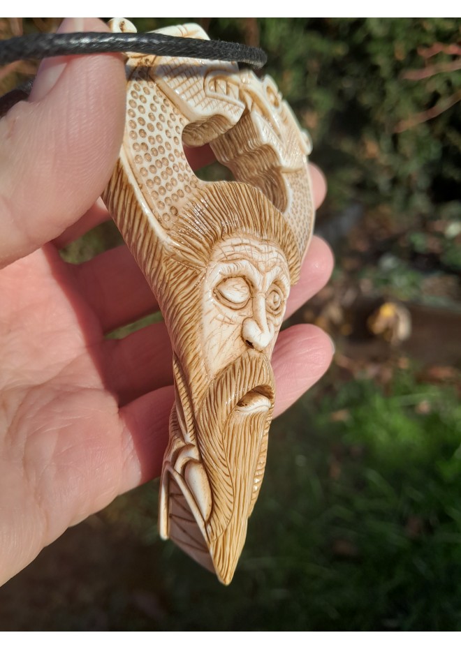 Unique Allfather God Odin pendant . Moose antlers hand-carved 