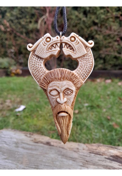 Unique hand carved Viking God Odin face pendant with dragons, Óðinn amulet, Scandinavian artwork. Norse Warrior Pendant