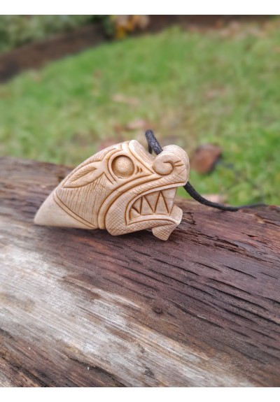 Viking Dragon amulet with Algiz rune. Norse Mythology art. Drakkar jewelry. Pagan protection necklace - moose antlers hand-carved