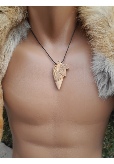 Viking Dragon amulet with Algiz rune. Norse Mythology art. Drakkar jewelry. Pagan protection necklace - moose antlers hand-carved