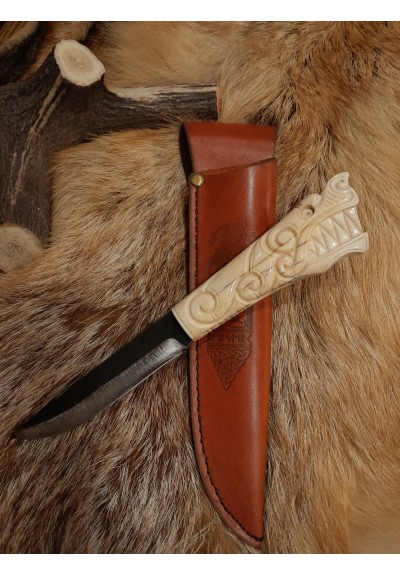 Vikings style knife with Dragon head & leather sheath. Fafnir. Celtic art, Norse, Medieval. Berserker. Hand-forged steel. Moose antlers hand-carved handle
