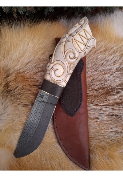 Viking knife with leather sheath. Hand-carved Wolf head handle. Hand-forged Damascus blade. Fenrir. Celtic, Medieval art. Berserker. Norse pattern