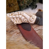 Viking knife with leather sheath. Hand-carved Wolf head handle. Hand-forged Damascus blade. Fenrir. Celtic, Medieval art. Berserker. Norse pattern