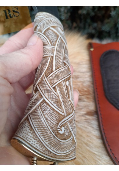 Norse style unique knife. Hand-carved handle with hand-forged Damascus blade, leather sheath and Mjolnir. Historical zoomorphic knotwork art