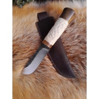 Handmade Viking small knife with leather sheath and hand-forged blade. Norse Zoomorphic pattern, Scandinavian style - hand carved handle