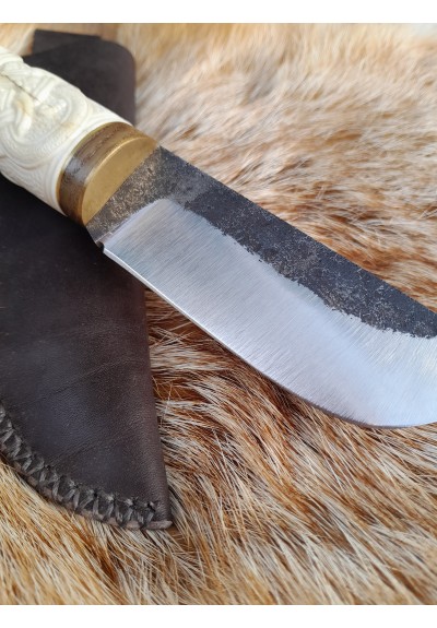 Handmade Viking small knife with leather sheath and hand-forged blade. Norse Zoomorphic pattern, Scandinavian style - hand carved handle