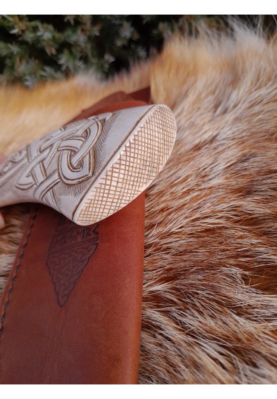 Unique Viking style knife with leather sheath and hand-carved handle, Oseberg design, Norse Dragon knotwork. Drakkar. Celtic knot. Camping
