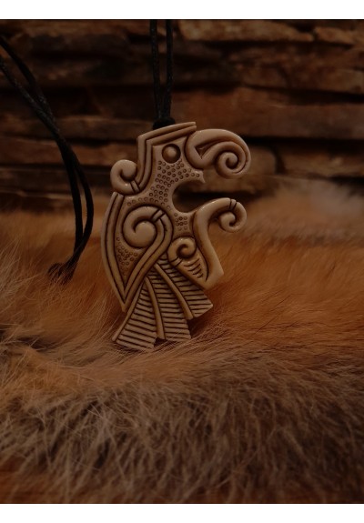 Moose antlers hand-carved Vendel Raven amulet of Viking era. Odins raven pendant. Huginn and Muninn 