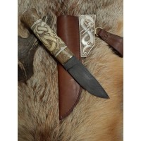 Handmade designer knife in the Norse style. Hand-carved handle with hand-forged Damascus blade, leather sheath. Viking zoomorphic knotwork