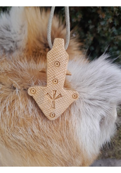 Hand-carved Thor's Hammer necklace. Mjolnir amulet with Wolf head, Viking, Norse jewelry.