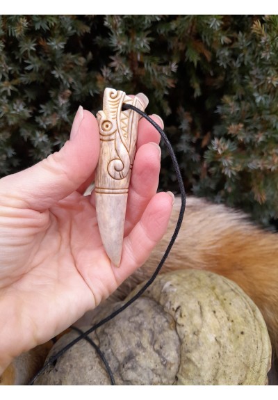 Viking Wolf amulet with Algiz rune. Berserker pendant. Moose antlers hand-carved 