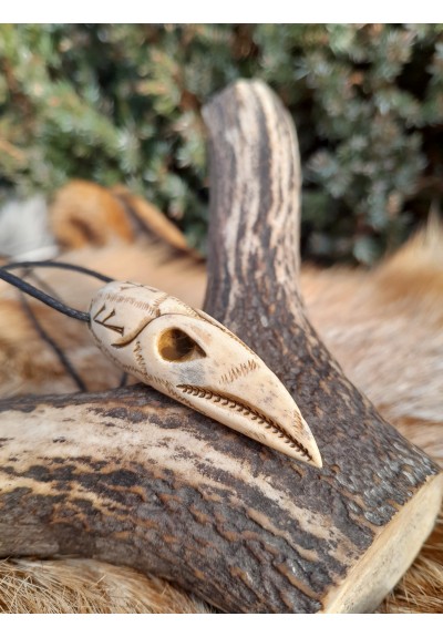 Viking raven skull necklace with runes. Norse, pagan pendant. Antlers hand-carved amulet.