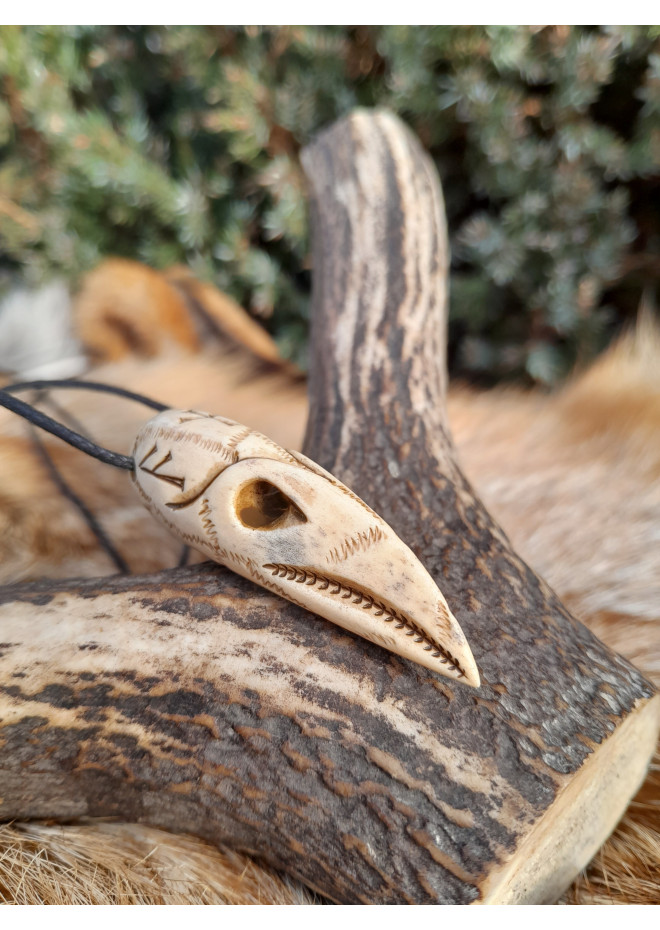 Hand-carved Raven skull amulet, Viking jewelry with runes, Huginn Muninn protective pendant. Odins Ravens. Norse mythology art. 