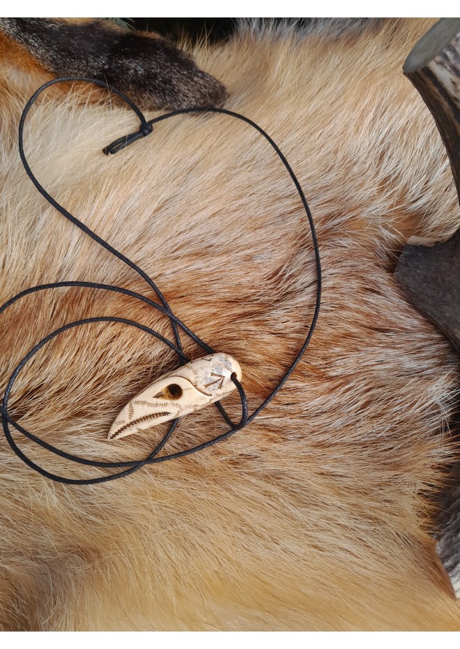 Hand-carved Raven skull amulet, Viking jewelry with runes, Huginn Muninn protective pendant. Odins Ravens. Norse mythology art. 
