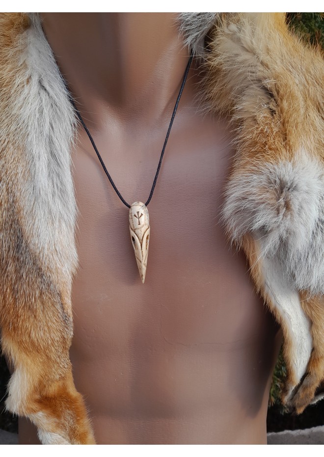 Hand-carved Raven skull amulet, Viking jewelry with runes, Huginn Muninn protective pendant. Odins Ravens. Norse mythology art. 