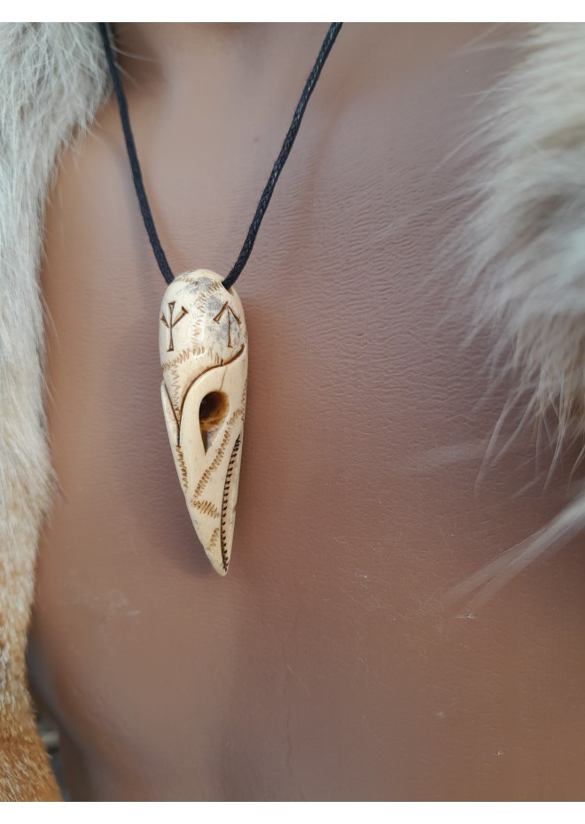 Hand-carved Raven skull amulet, Viking jewelry with runes, Huginn Muninn protective pendant. Odins Ravens. Norse mythology art. 