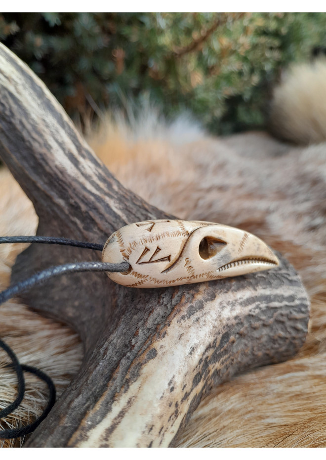 Hand-carved Raven skull amulet, Viking jewelry with runes, Huginn Muninn protective pendant. Odins Ravens. Norse mythology art. 