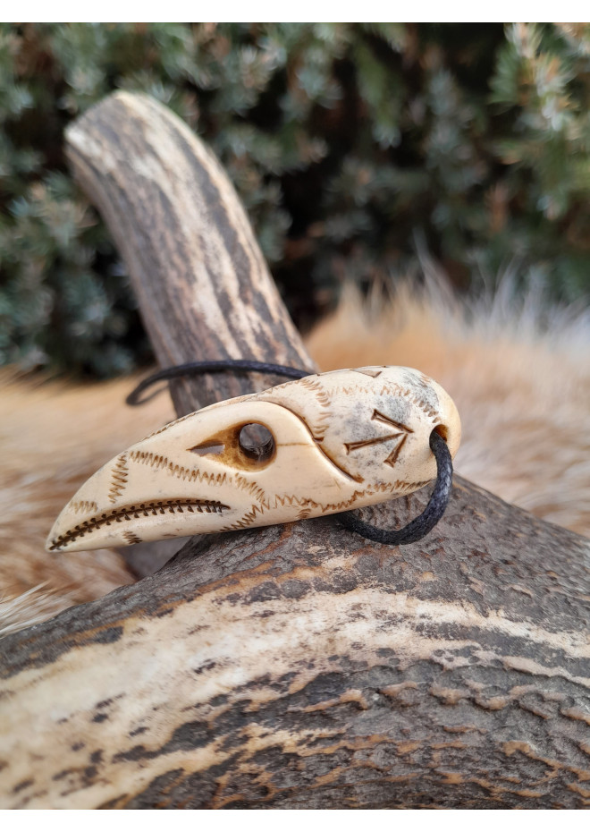 Hand-carved Raven skull amulet, Viking jewelry with runes, Huginn Muninn protective pendant. Odins Ravens. Norse mythology art. 
